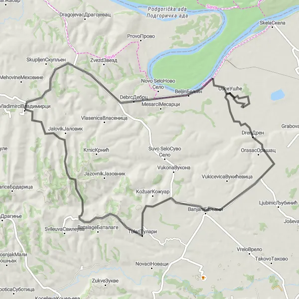 Map miniature of "Vladimirci - Debrc - Usce - Dren - Тулари - Jalovik" cycling inspiration in Region Šumadije i Zapadne Srbije, Serbia. Generated by Tarmacs.app cycling route planner