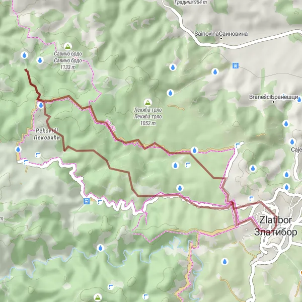 Map miniature of "Scenic Gravel Ride to Oštra Kosa" cycling inspiration in Region Šumadije i Zapadne Srbije, Serbia. Generated by Tarmacs.app cycling route planner