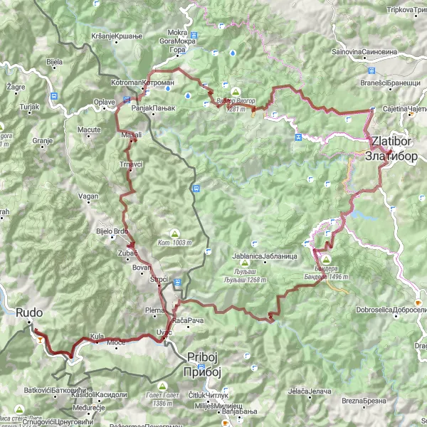 Map miniature of "Zlatibor Gravel Adventure" cycling inspiration in Region Šumadije i Zapadne Srbije, Serbia. Generated by Tarmacs.app cycling route planner
