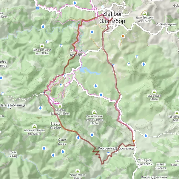 Map miniature of "Ascent to Borova Glava via Dobroselica" cycling inspiration in Region Šumadije i Zapadne Srbije, Serbia. Generated by Tarmacs.app cycling route planner