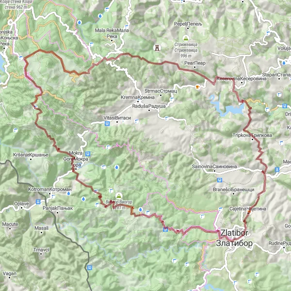 Map miniature of "Gravel Adventure to Mokra Gora" cycling inspiration in Region Šumadije i Zapadne Srbije, Serbia. Generated by Tarmacs.app cycling route planner
