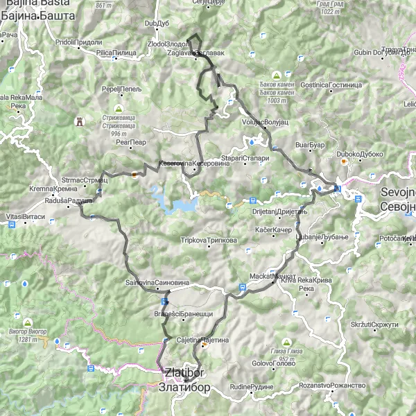Map miniature of "Zlatibor Circuit with Šavića Breg Climb" cycling inspiration in Region Šumadije i Zapadne Srbije, Serbia. Generated by Tarmacs.app cycling route planner