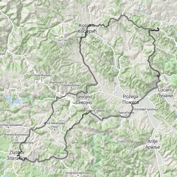 Map miniature of "Tara Mountain Epic Road Loop" cycling inspiration in Region Šumadije i Zapadne Srbije, Serbia. Generated by Tarmacs.app cycling route planner