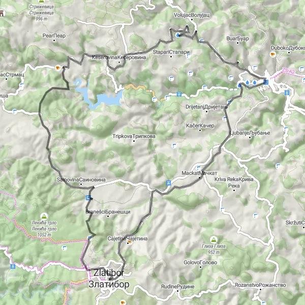 Map miniature of "Scenic Route to Uzice" cycling inspiration in Region Šumadije i Zapadne Srbije, Serbia. Generated by Tarmacs.app cycling route planner