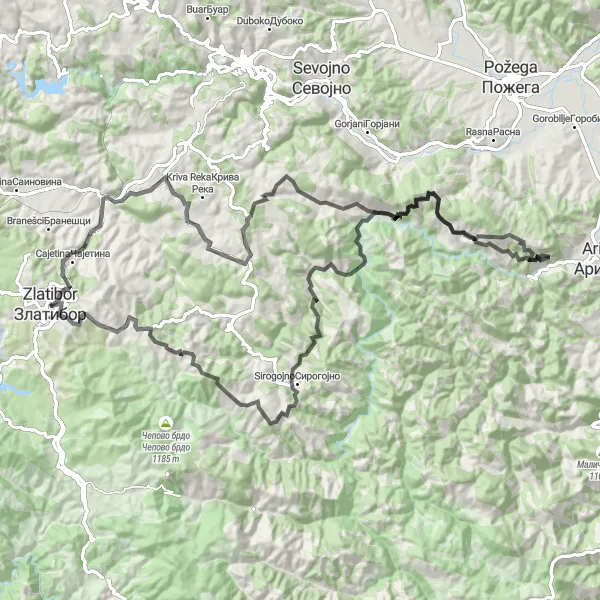 Map miniature of "Zlatibor and the Serene Countryside" cycling inspiration in Region Šumadije i Zapadne Srbije, Serbia. Generated by Tarmacs.app cycling route planner