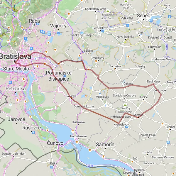 Map miniature of "Hidden gems and natural beauty" cycling inspiration in Bratislavský kraj, Slovakia. Generated by Tarmacs.app cycling route planner