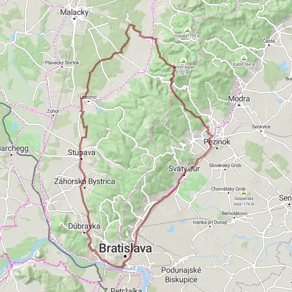 Map miniature of "Gravel adventure through diverse landscapes" cycling inspiration in Bratislavský kraj, Slovakia. Generated by Tarmacs.app cycling route planner