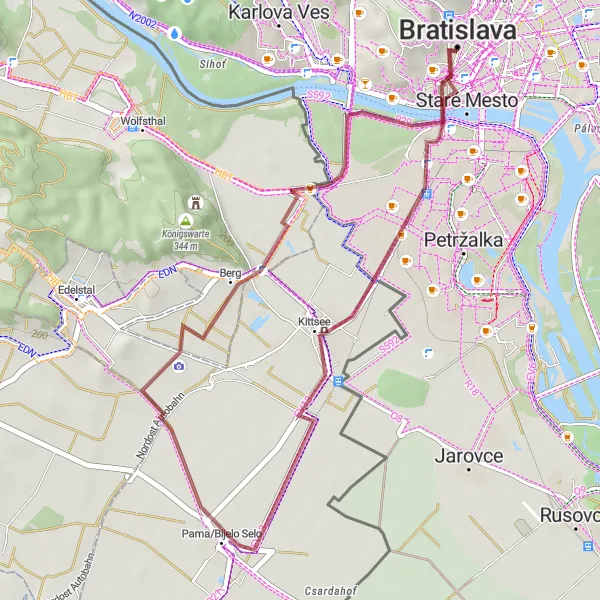 Map miniature of "From Bratislava to Pálffyho palác, UFO, and Prepoštský palác" cycling inspiration in Bratislavský kraj, Slovakia. Generated by Tarmacs.app cycling route planner