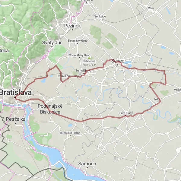 Map miniature of "Gravel Loop to the South" cycling inspiration in Bratislavský kraj, Slovakia. Generated by Tarmacs.app cycling route planner