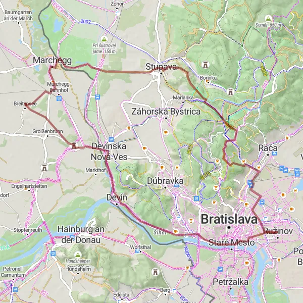 Map miniature of "Gravel Adventure: Bratislava to Marchegg Loop" cycling inspiration in Bratislavský kraj, Slovakia. Generated by Tarmacs.app cycling route planner