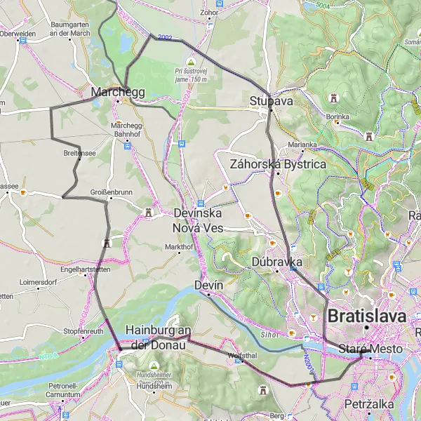Map miniature of "Road Loop to Austria" cycling inspiration in Bratislavský kraj, Slovakia. Generated by Tarmacs.app cycling route planner