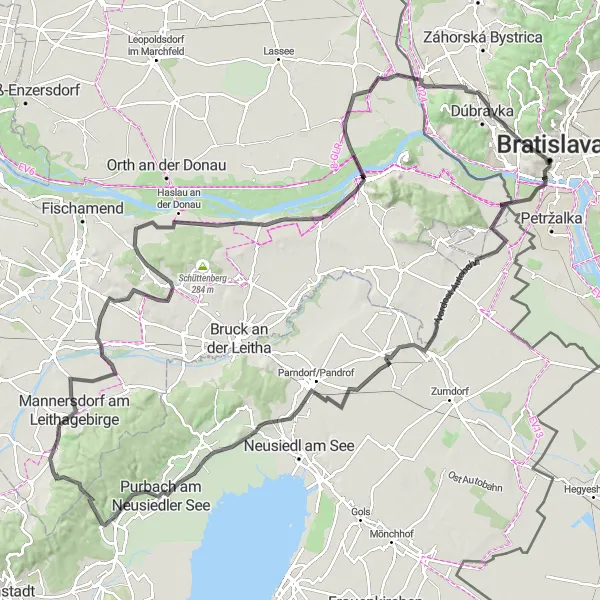 Map miniature of "Cultural and scenic road cycling experience" cycling inspiration in Bratislavský kraj, Slovakia. Generated by Tarmacs.app cycling route planner