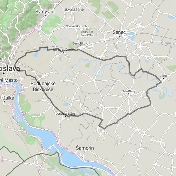 Map miniature of "Exploring the outskirts of Bratislava" cycling inspiration in Bratislavský kraj, Slovakia. Generated by Tarmacs.app cycling route planner