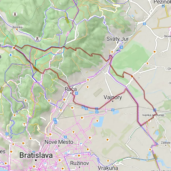 Map miniature of "Around Ivanka pri Dunaji - Gravel Adventure" cycling inspiration in Bratislavský kraj, Slovakia. Generated by Tarmacs.app cycling route planner