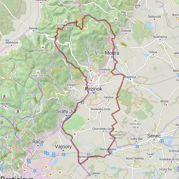 Map miniature of "Mountainous Gravel Challenge" cycling inspiration in Bratislavský kraj, Slovakia. Generated by Tarmacs.app cycling route planner