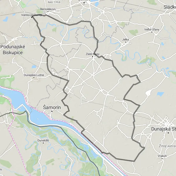 Map miniature of "Bernolákovo and Beyond" cycling inspiration in Bratislavský kraj, Slovakia. Generated by Tarmacs.app cycling route planner