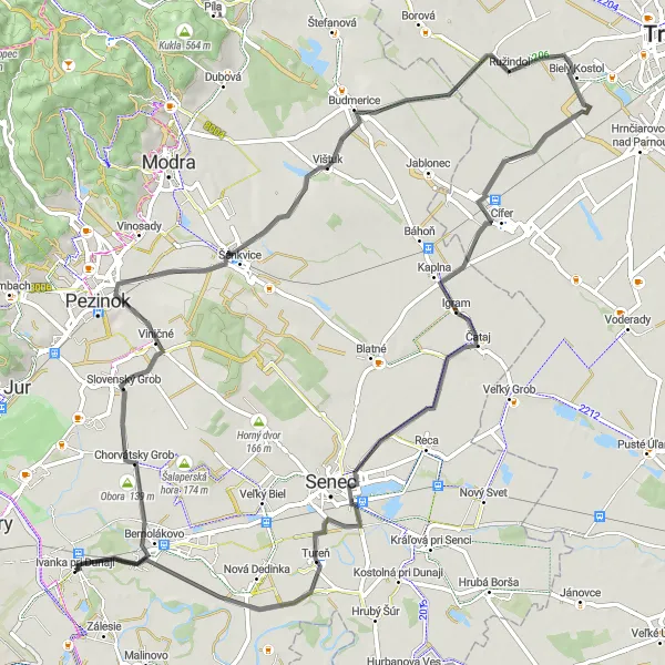 Mapa miniatúra "Okruh po cestách cez Rozhľadňu Perla a Ružindol" cyklistická inšpirácia v Bratislavský kraj, Slovakia. Vygenerované cyklistickým plánovačom trás Tarmacs.app