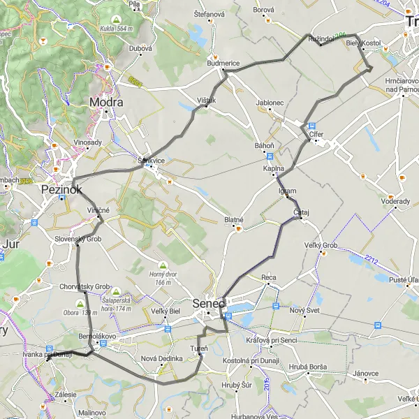 Map miniature of "Chorvátsky Grob Hilly Loop" cycling inspiration in Bratislavský kraj, Slovakia. Generated by Tarmacs.app cycling route planner