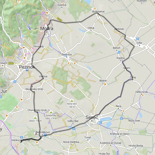 Map miniature of "Discover the Wine Country - Road Tour" cycling inspiration in Bratislavský kraj, Slovakia. Generated by Tarmacs.app cycling route planner