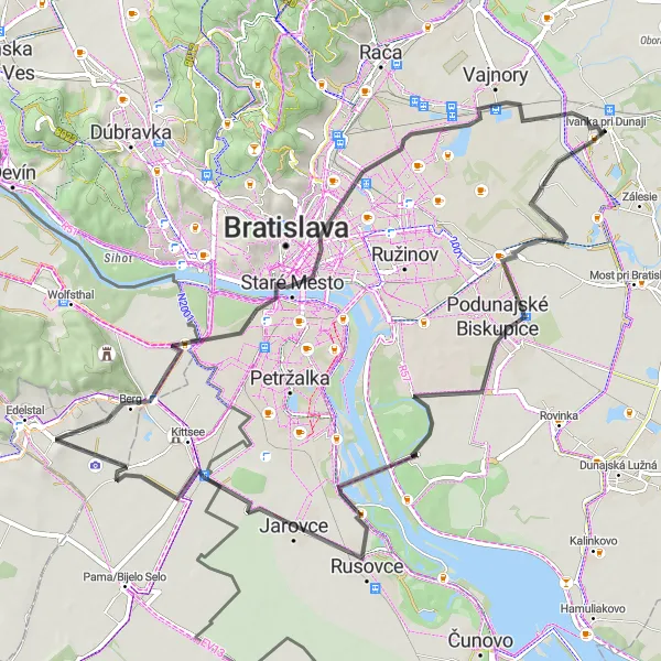 Map miniature of "Cycling along the Danube - Road Trip" cycling inspiration in Bratislavský kraj, Slovakia. Generated by Tarmacs.app cycling route planner