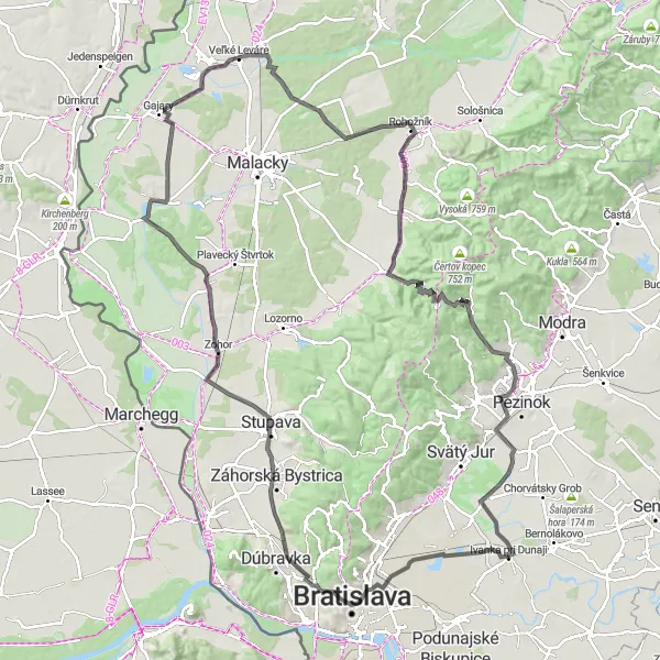 Mapa miniatúra "Výlet cez Bratislavský kraj" cyklistická inšpirácia v Bratislavský kraj, Slovakia. Vygenerované cyklistickým plánovačom trás Tarmacs.app