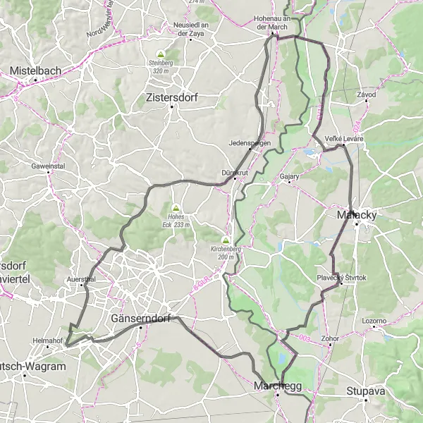 Miniaturní mapa "Malacky - Moravný vŕšok - Malacky" inspirace pro cyklisty v oblasti Bratislavský kraj, Slovakia. Vytvořeno pomocí plánovače tras Tarmacs.app