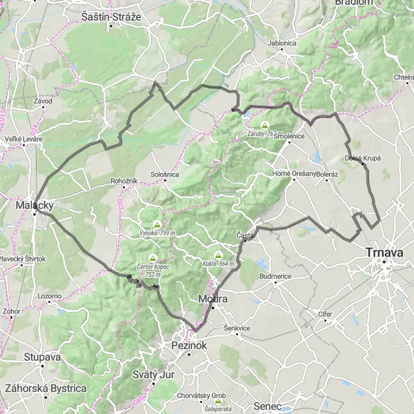 Miniaturní mapa "Cyklistická trasa Malacky - Častá" inspirace pro cyklisty v oblasti Bratislavský kraj, Slovakia. Vytvořeno pomocí plánovače tras Tarmacs.app