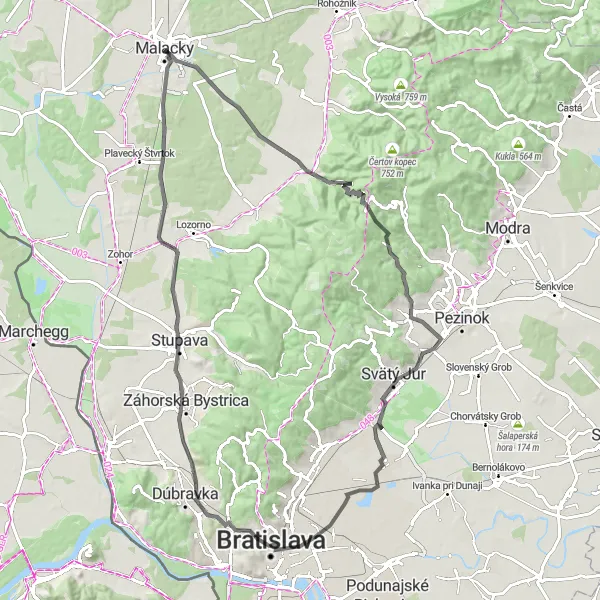 Miniaturní mapa "Okružní cyklistická trasa z Malacek" inspirace pro cyklisty v oblasti Bratislavský kraj, Slovakia. Vytvořeno pomocí plánovače tras Tarmacs.app