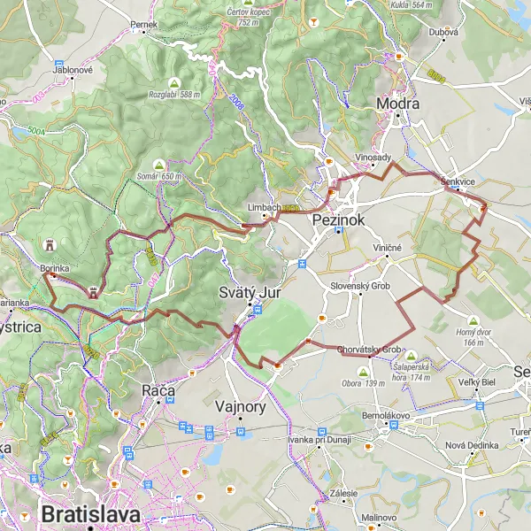 Miniaturní mapa "Gravel trasa cez Dragon castle a Čiernu Vodu" inspirace pro cyklisty v oblasti Bratislavský kraj, Slovakia. Vytvořeno pomocí plánovače tras Tarmacs.app