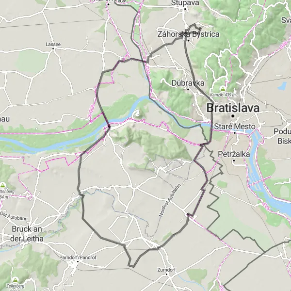 Map miniature of "Bratislava Loop: Road Cycling Journey through Capital Landscapes" cycling inspiration in Bratislavský kraj, Slovakia. Generated by Tarmacs.app cycling route planner