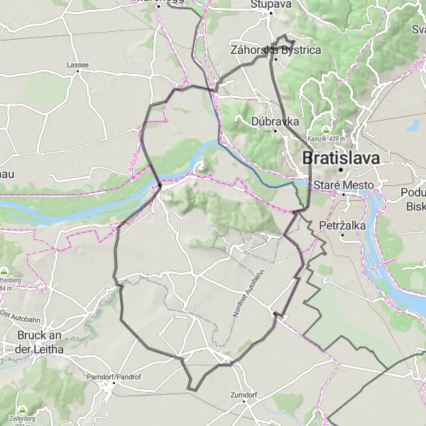 Mapa miniatúra "Okolo Bratislavy až do Marianky" cyklistická inšpirácia v Bratislavský kraj, Slovakia. Vygenerované cyklistickým plánovačom trás Tarmacs.app