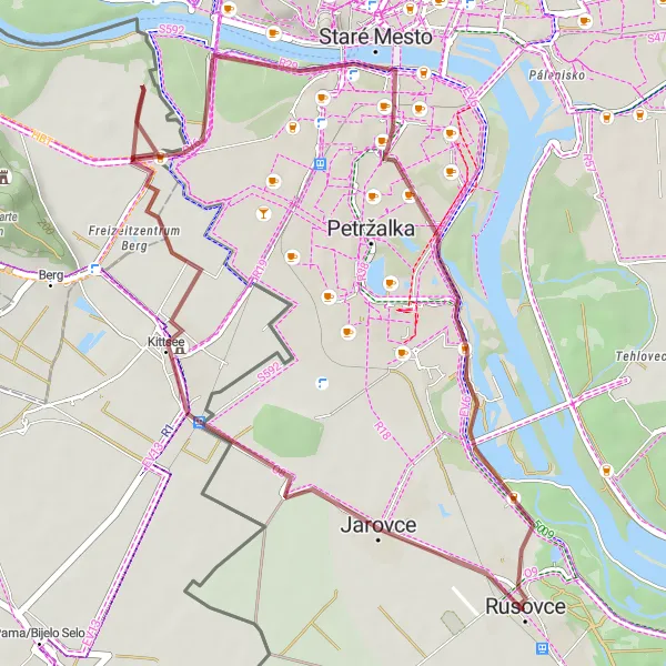 Mapa miniatúra "Gravelová trasa cez Jarovce a UFO most" cyklistická inšpirácia v Bratislavský kraj, Slovakia. Vygenerované cyklistickým plánovačom trás Tarmacs.app