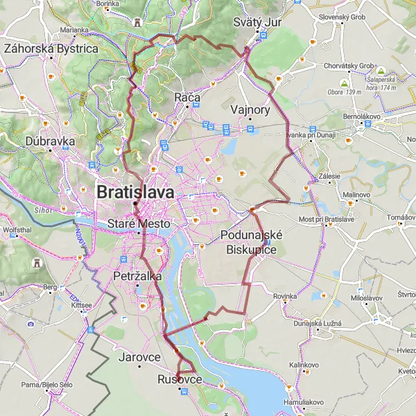 Mapa miniatúra "Gravel - Csákyho Palác" cyklistická inšpirácia v Bratislavský kraj, Slovakia. Vygenerované cyklistickým plánovačom trás Tarmacs.app