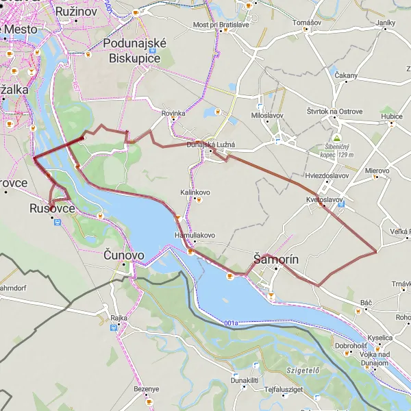 Mapa miniatúra "Gravelová cyklotúra cez Dunajskú Lužnú a rozhľadňu" cyklistická inšpirácia v Bratislavský kraj, Slovakia. Vygenerované cyklistickým plánovačom trás Tarmacs.app