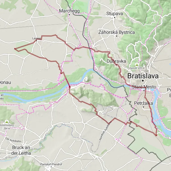 Map miniature of "The Three-Country Gravel Adventure" cycling inspiration in Bratislavský kraj, Slovakia. Generated by Tarmacs.app cycling route planner