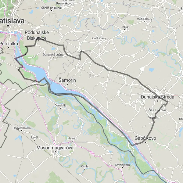 Mapa miniatúra "Cyklotúra okolo Bratislavy cez Vojku nad Dunajom" cyklistická inšpirácia v Bratislavský kraj, Slovakia. Vygenerované cyklistickým plánovačom trás Tarmacs.app