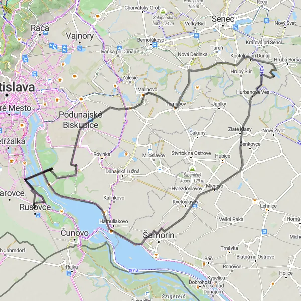 Mapa miniatúra "Cyklotúra cez Malinovo a Gerulatu" cyklistická inšpirácia v Bratislavský kraj, Slovakia. Vygenerované cyklistickým plánovačom trás Tarmacs.app