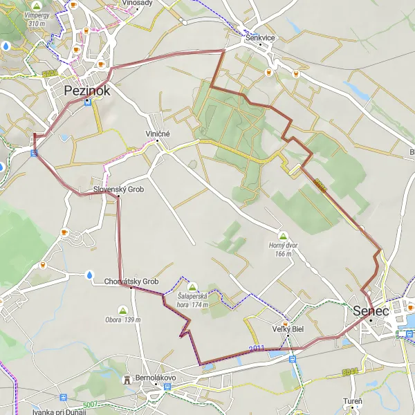 Map miniature of "Senec Gravel Adventure" cycling inspiration in Bratislavský kraj, Slovakia. Generated by Tarmacs.app cycling route planner
