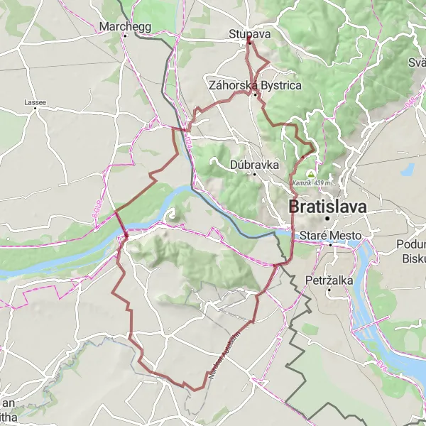 Miniaturní mapa "Gravel Marianka-Heidenturm Journey" inspirace pro cyklisty v oblasti Bratislavský kraj, Slovakia. Vytvořeno pomocí plánovače tras Tarmacs.app