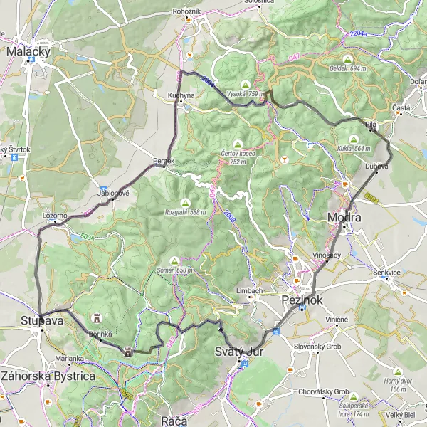 Miniaturní mapa "Výzva pre vytrvalcov: Západným smjerom" inspirace pro cyklisty v oblasti Bratislavský kraj, Slovakia. Vytvořeno pomocí plánovače tras Tarmacs.app