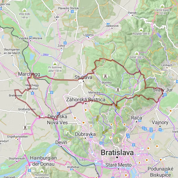 Map miniature of "Malinský Vrch Gravel Adventure" cycling inspiration in Bratislavský kraj, Slovakia. Generated by Tarmacs.app cycling route planner