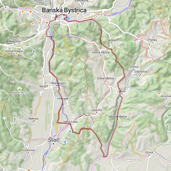Mapa miniatúra "Gravel okolo Banskej Bystrice s výhľadmi" cyklistická inšpirácia v Stredné Slovensko, Slovakia. Vygenerované cyklistickým plánovačom trás Tarmacs.app