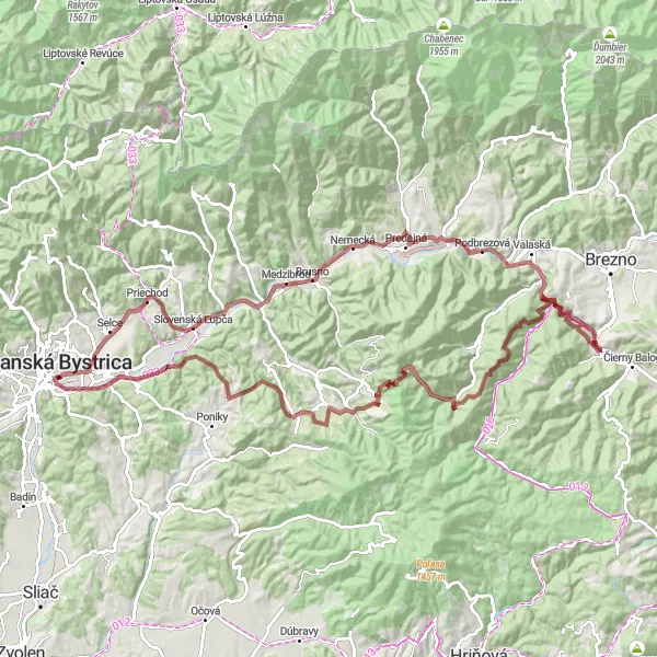 Map miniature of "Gravel Adventure Around Banská Bystrica" cycling inspiration in Stredné Slovensko, Slovakia. Generated by Tarmacs.app cycling route planner