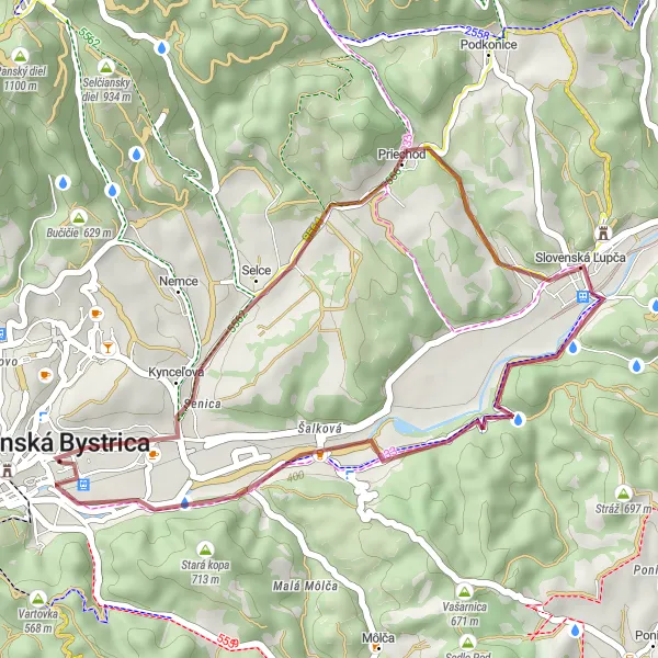 Map miniature of "Banská Bystrica Gravel Route" cycling inspiration in Stredné Slovensko, Slovakia. Generated by Tarmacs.app cycling route planner