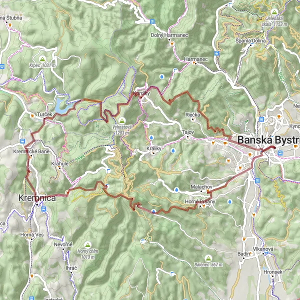 Map miniature of "Banská Bystrica Gravel Adventure" cycling inspiration in Stredné Slovensko, Slovakia. Generated by Tarmacs.app cycling route planner