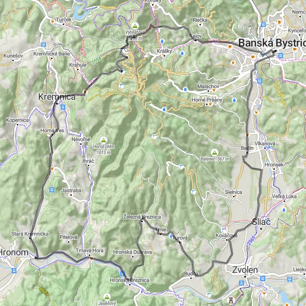 Map miniature of "From Banská Bystrica to the Mountain Scenery" cycling inspiration in Stredné Slovensko, Slovakia. Generated by Tarmacs.app cycling route planner