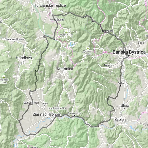 Map miniature of "Explore Vast Landscapes and Epic Climbs" cycling inspiration in Stredné Slovensko, Slovakia. Generated by Tarmacs.app cycling route planner