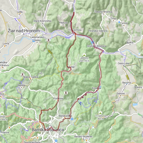 Mapa miniatúra "Gravel trasa cez Hronskú Breznicu" cyklistická inšpirácia v Stredné Slovensko, Slovakia. Vygenerované cyklistickým plánovačom trás Tarmacs.app