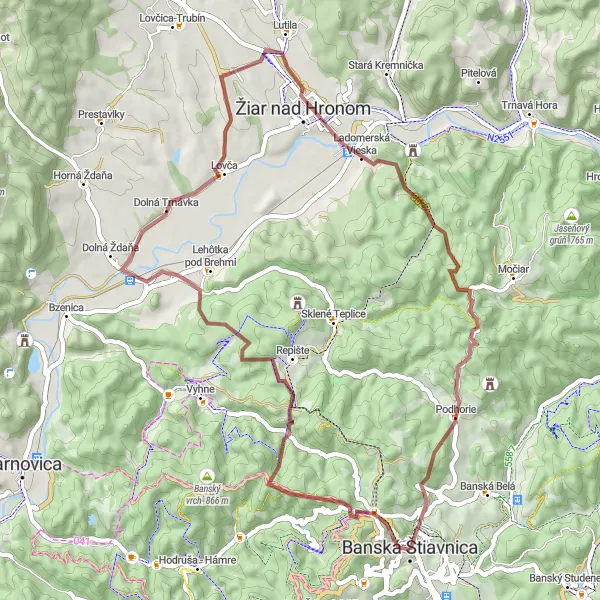 Map miniature of "Landmarks and Nature Off-Road Adventure" cycling inspiration in Stredné Slovensko, Slovakia. Generated by Tarmacs.app cycling route planner