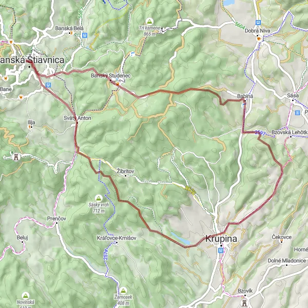 Map miniature of "Banská Studenec and Castle Loop" cycling inspiration in Stredné Slovensko, Slovakia. Generated by Tarmacs.app cycling route planner